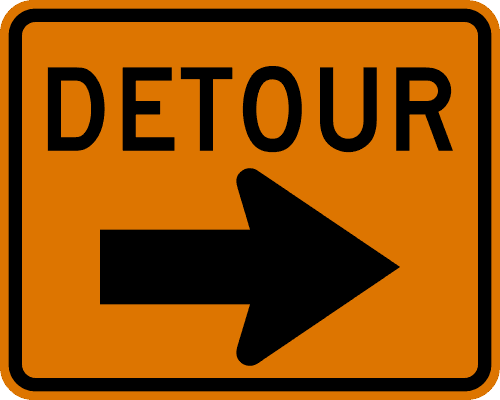 Sign referenced by the question: Construction has fully closed the road ahead, and you come to this sign. What is the correct move?