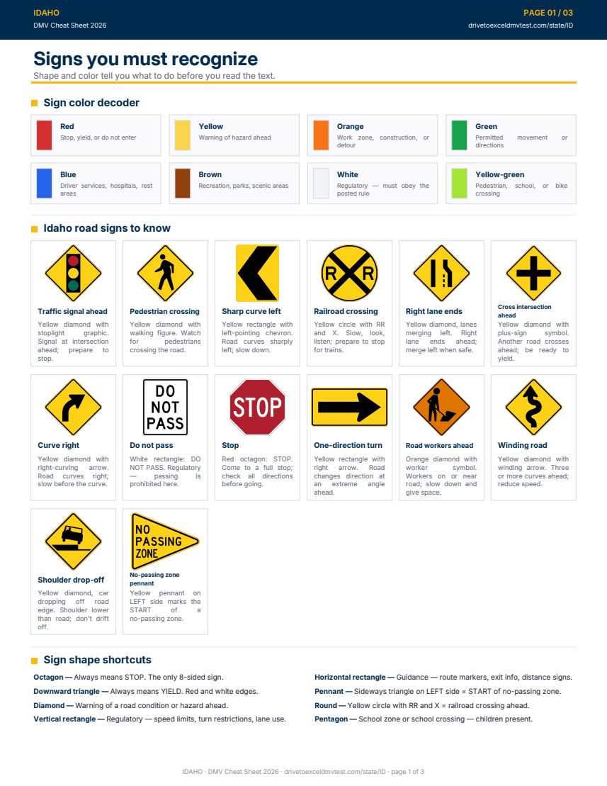 Page 1 of the Idaho cheat sheet