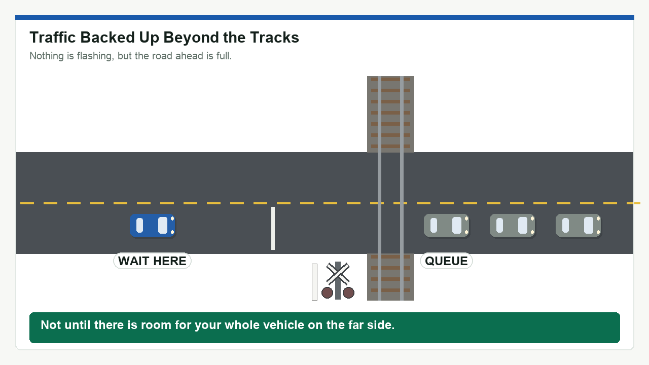 Diagram: Traffic Backed Up Beyond the Tracks. Not until there is room for your whole vehicle on the far side.