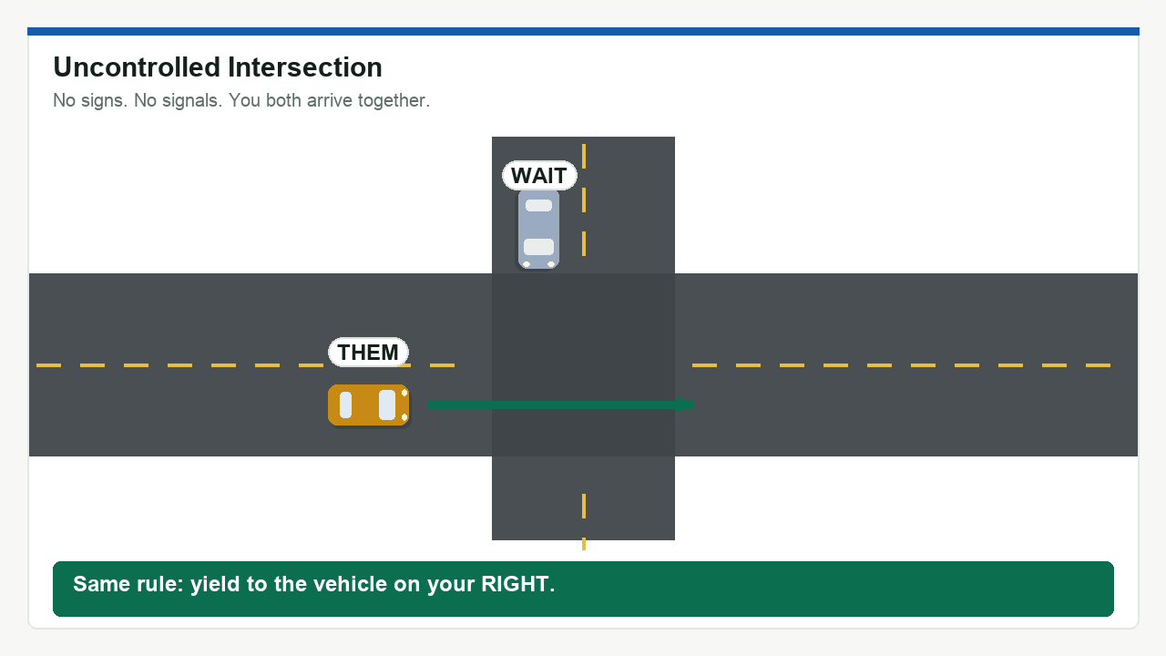 Diagram: Uncontrolled Intersection. Same rule: yield to the vehicle on your RIGHT.